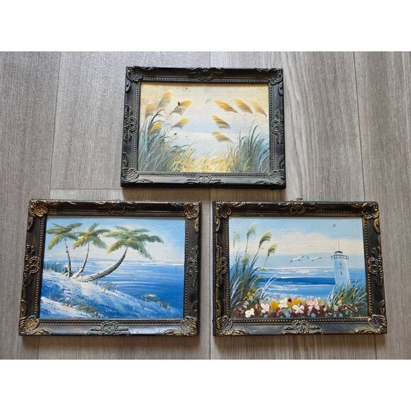 Set Of 3 Vintage Beach Nautical-Themed Oil Paintings With Ornate Frames - Picture 1 of 7